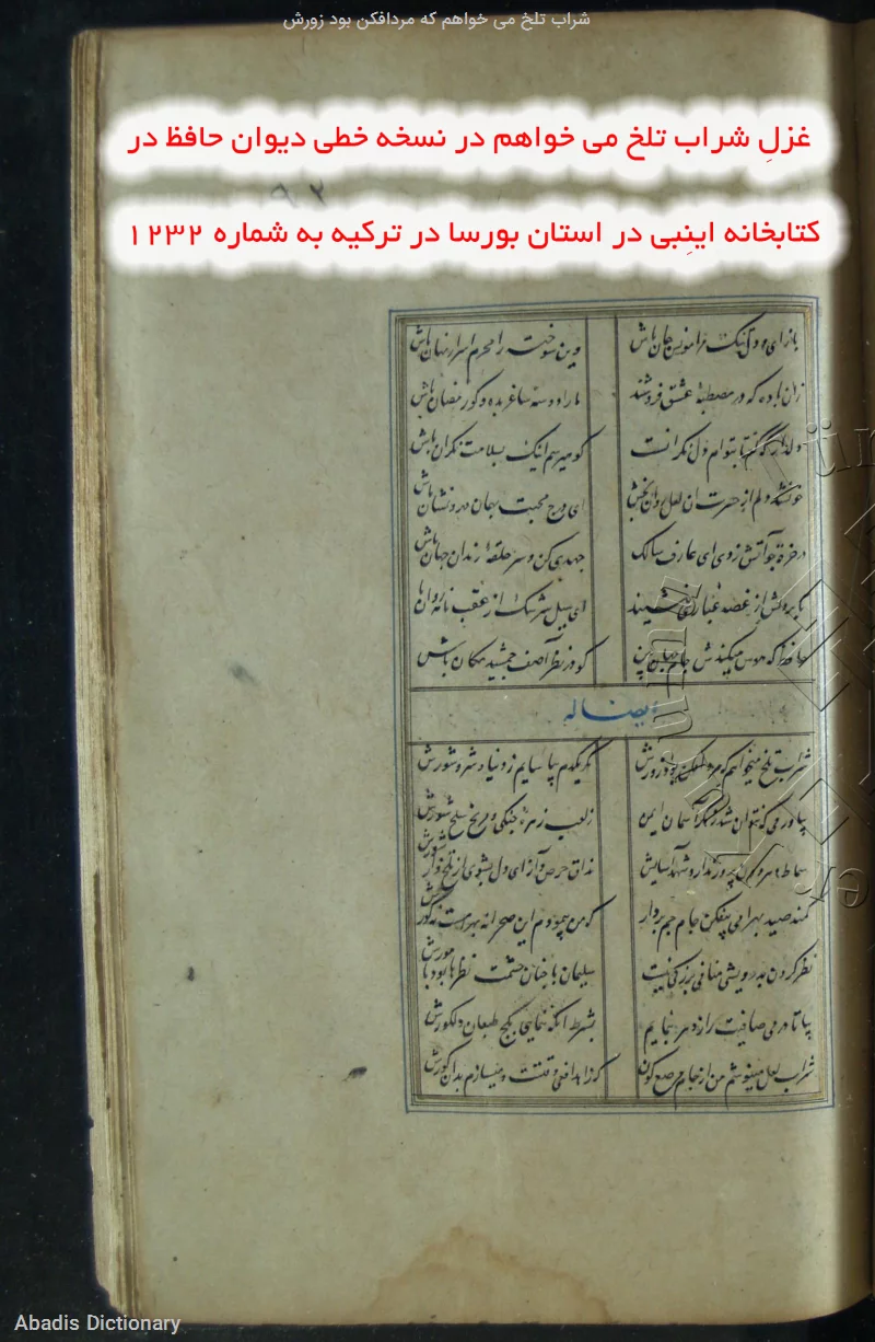 شراب تلخ می خواهم که مردافکن بود زورش